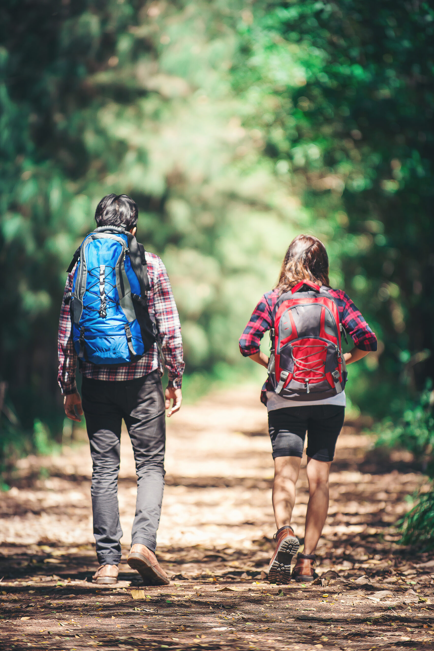 Rear of the couple hiking. Couple adventure travel. Rear of the couple hiking. Couple adventure travel.